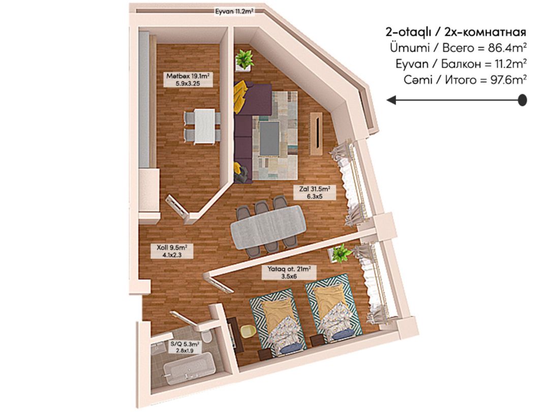 Satılır 2 otaqlı yeni tikili 97.6 m² — Mənzil, Bakı (11)