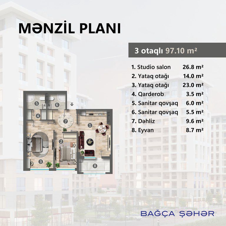 Satılır 3 otaqlı yeni tikili 97.1 m² — Mənzil, Sumqayıt (4)