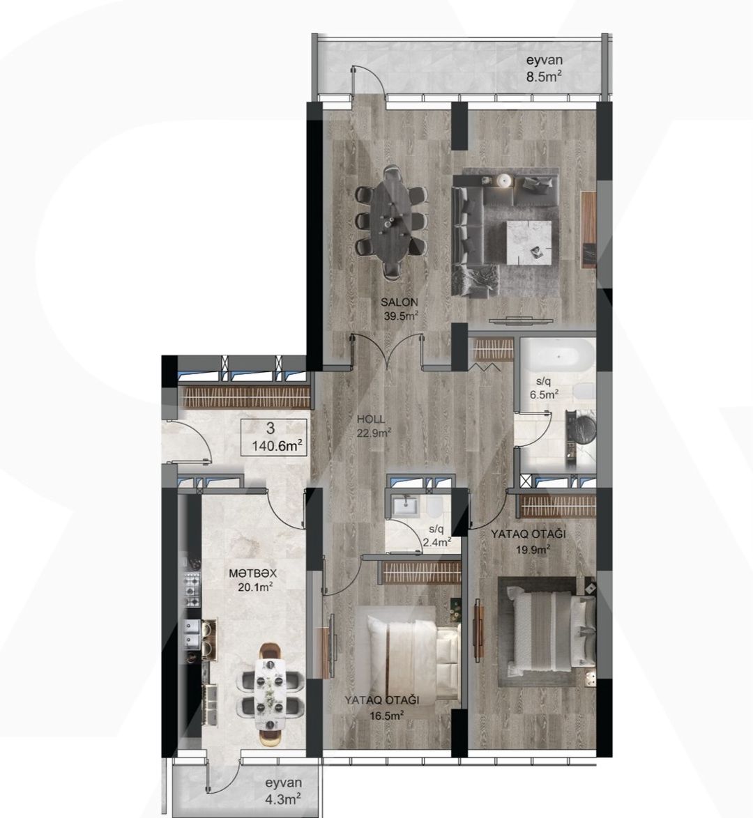 Satılır 3 otaqlı yeni tikili 140.6 m² — Mənzil, Bakı (3)