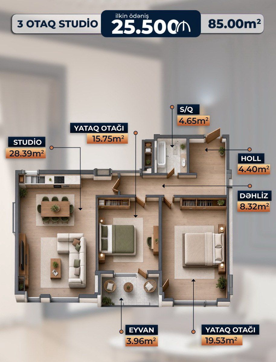 Satılır 3 otaqlı yeni tikili 85 m² — Mənzil, Sumqayıt (2)
