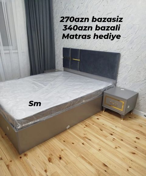 Mebel dəsti – yumşaq başlıqlı çarpayı və tumbası - Rəng: boz (qızılı — Bakı