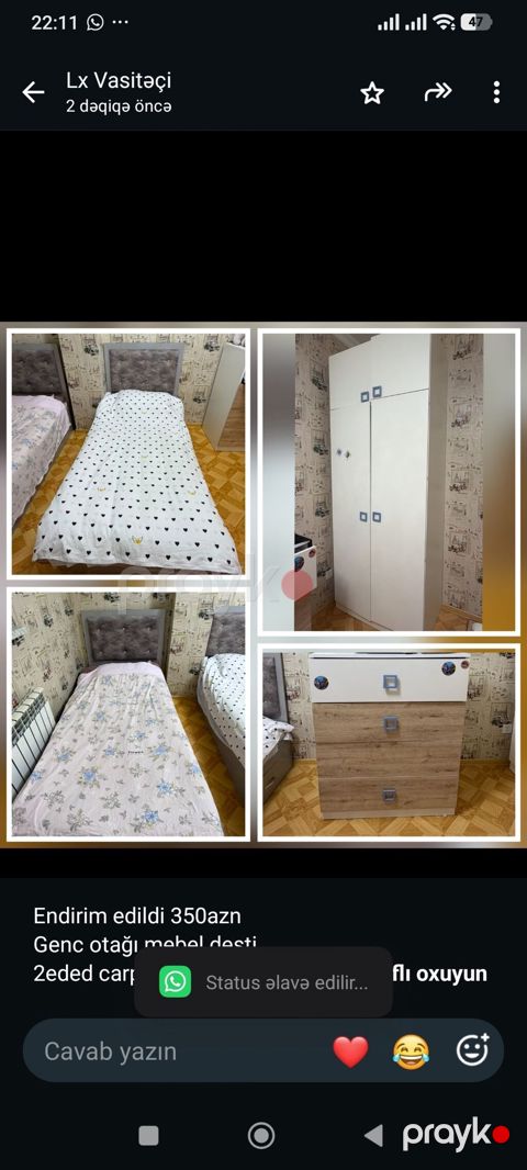 Endirim edildi 350azn Genc otağı mebel desti. 2eded carpayi matrasla