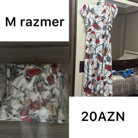Qadın paltarı – M ölçü - Rəng/naqiş: ağ fon üzərində qırmızı və bej — Masazır