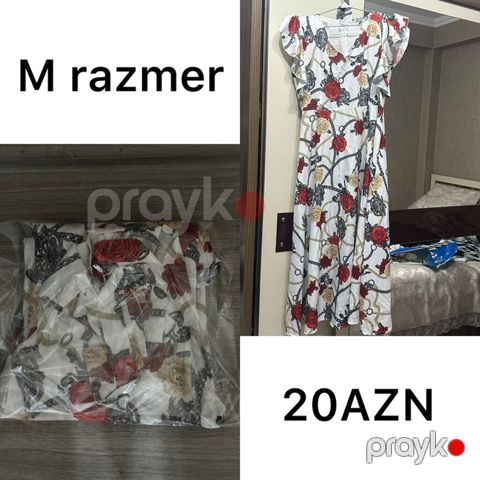 Qadın paltarı – M ölçü - Rəng/naqiş: ağ fon üzərində qırmızı və bej — Masazır