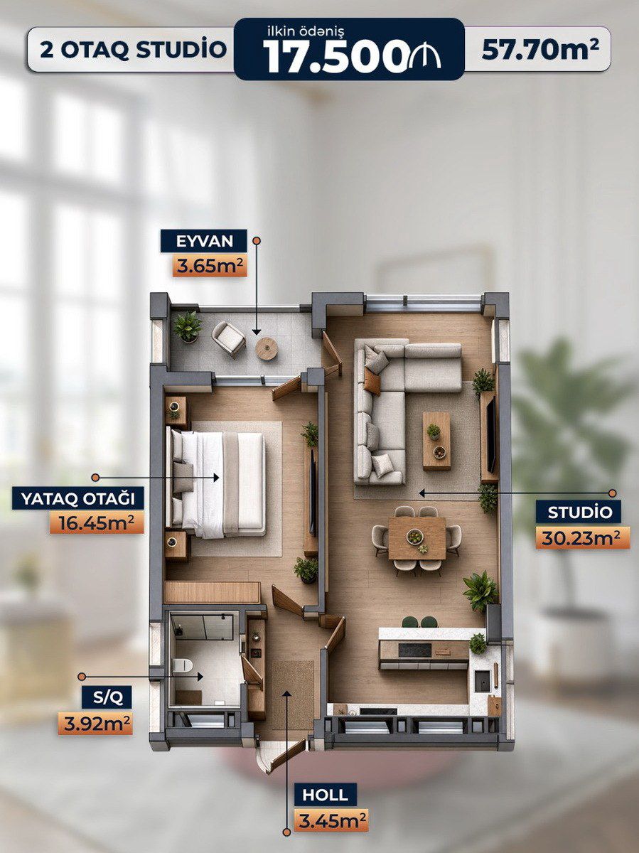 Satılır 2 otaqlı yeni tikili 57.7 m² — Mənzil, Sumqayıt (2)