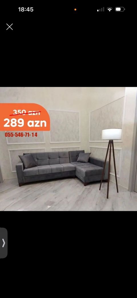 L‑şəkilli künc divanı – müasir minimal dizayn, boz rəng. Yumşaq — Bakı
