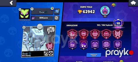 Brawl Stars oyun hesabı - Kupa yolu: 62,942 - Savaşçılar: 105/106 — Bakı