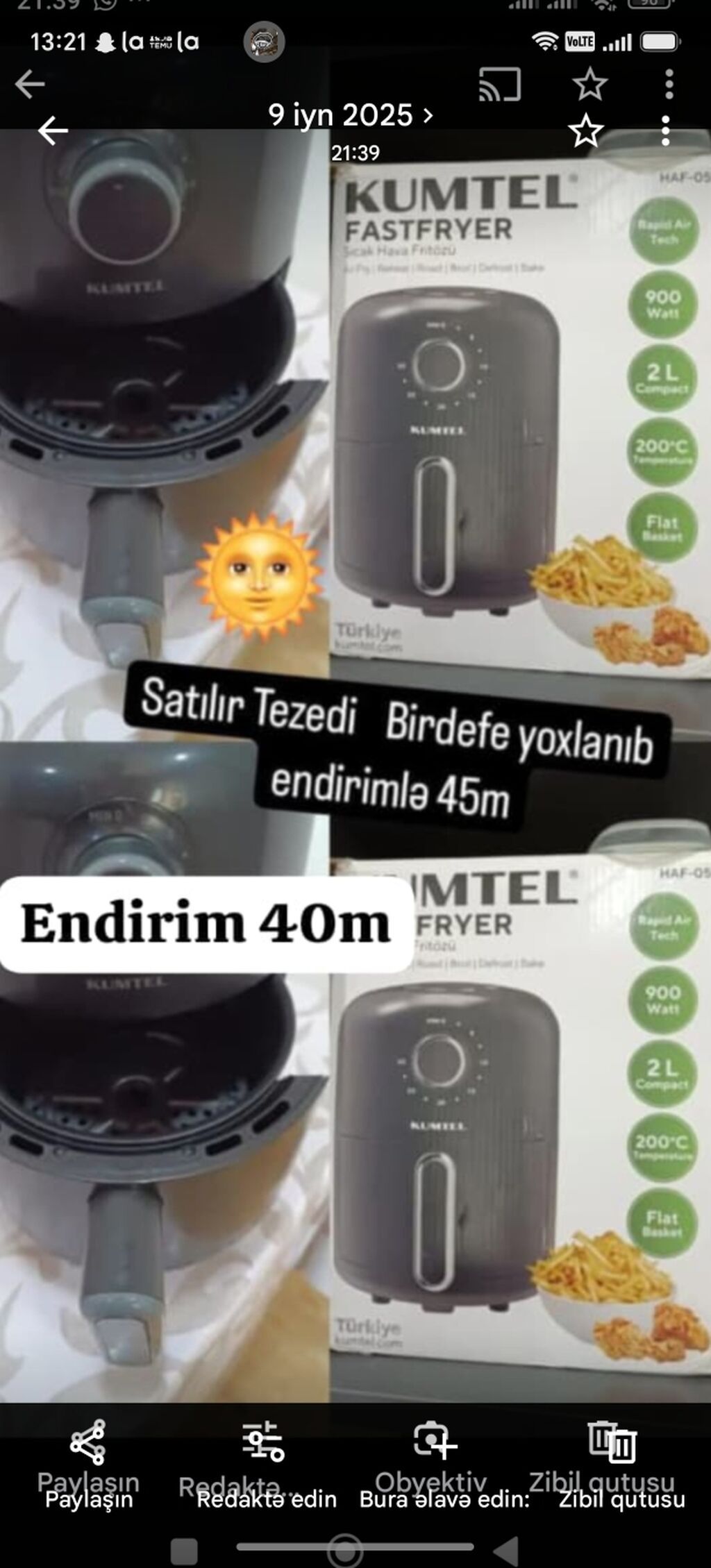 Kumtel FastFryer hava fritözü (model HAF-05) - Güc: 900W — Frilyör, Şirvan (4)
