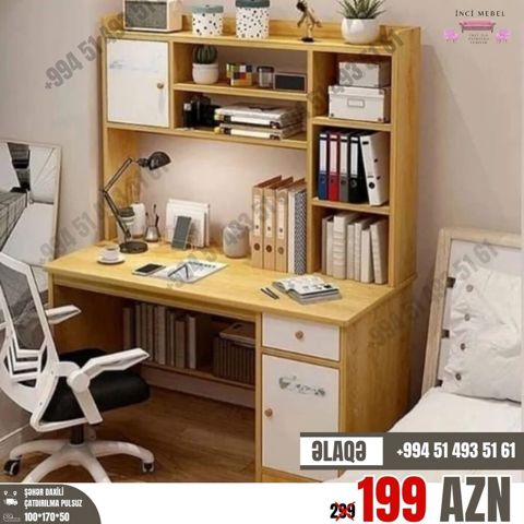 Düz masa, Stulsuz, Polkalı, Siyirməli, Azərbaycan, Teksturalı laminat — Bakı