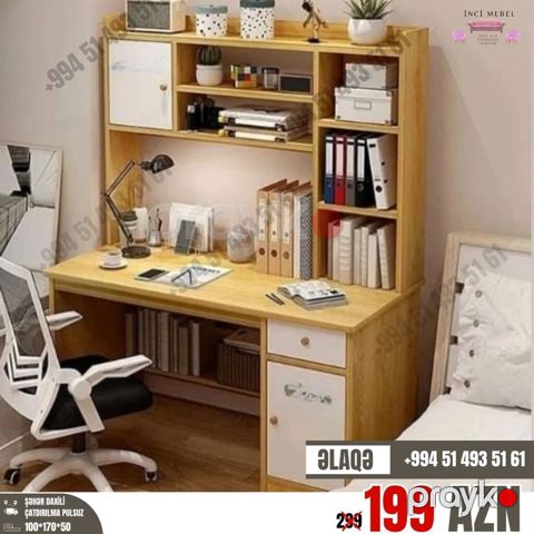 Düz masa, Stulsuz, Polkalı, Siyirməli, Azərbaycan, Teksturalı laminat — Bakı