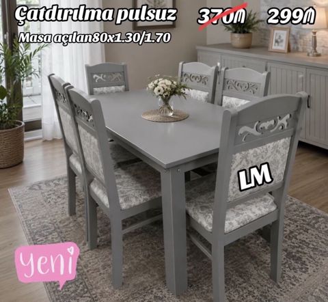 Masa dəsti — Masa + 6 stul - Masa açılan model - Ölçü: 80 1.30