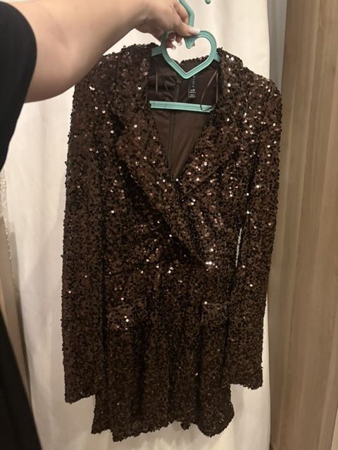 Qəhvəyi payetli mini paltar - Model: Blazer kəsimli, V-yaxa, 34 beden — Bakı