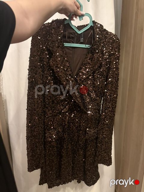 Qəhvəyi payetli mini paltar - Model: Blazer kəsimli, V-yaxa, 34 beden — Bakı