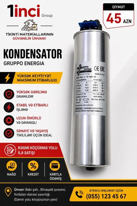 Kondensator – Gruppo Energia Xüsusiyyətlər: - Güc: 10 kVAr — Bakı