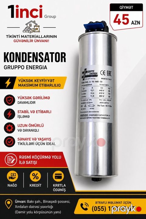 Kondensator – Gruppo Energia Xüsusiyyətlər: - Güc: 10 kVAr — Bakı