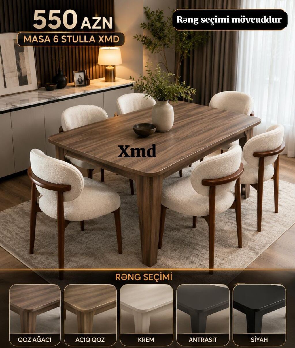 Masa + 6 stul dəsti – 550 AZN - Zərif, müasir dizaynlı yemək otağı — Masalar və stullar, Bakı
