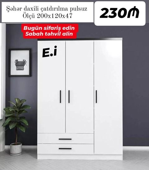 Ağ rəngli 3 qapılı geyim dolabı - Ölçü: 200 x 120 x 47 sm (şəkildə — Bakı