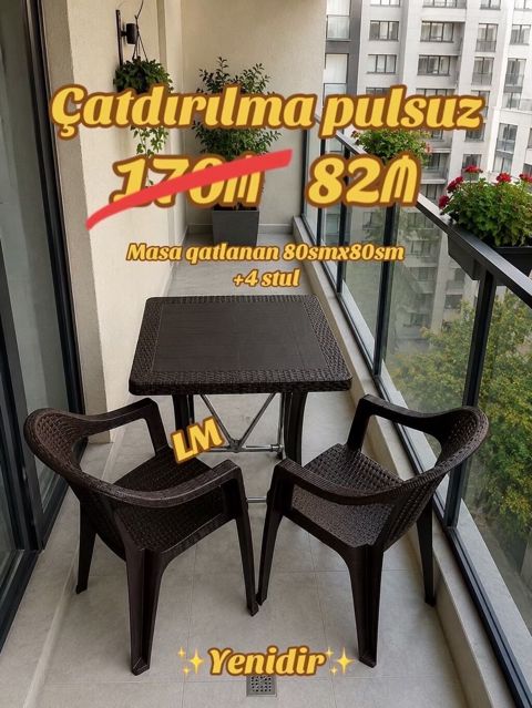 Yeni plastik masa dəsti - Qatlanır: 80sm x 80sm masa - Komplekt: 2 — Bakı
