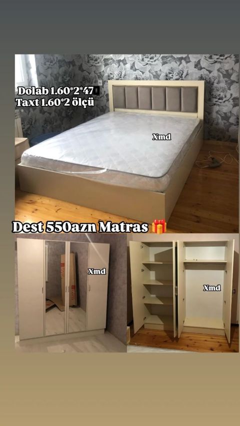 Yataq otağı dəsti - Taxt ölçüsü: 1.60 2.00 m - Dolab ölçüsü: 1.60 — Bakı