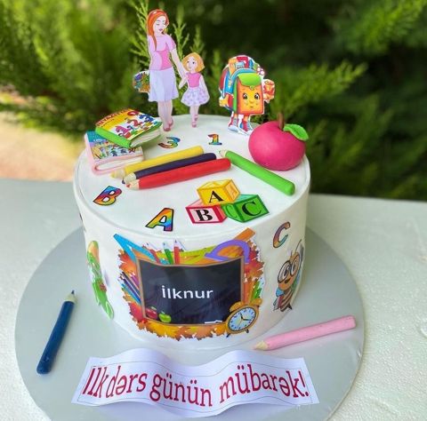 Məktəb mövzulu bəzəkli tortlar - Dizayn: “İlk dərs günü”, “Bilik günü — Digah