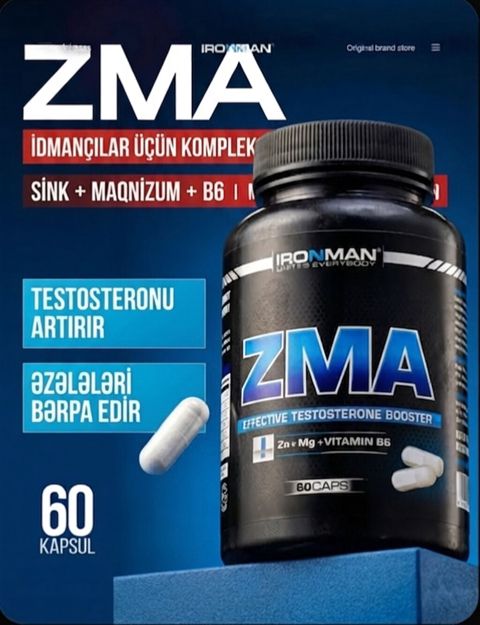 ZMA – idmançılar üçün kompleks qida əlavəsi Məhsul: Ironman ZMA — Bakı