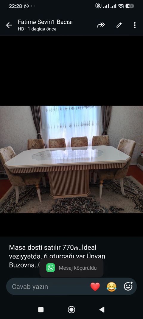 Masa dəsti satılır 770₼. İdeal vəziyyətdə. 6 oturcağı var.Ünvan — Bakı
