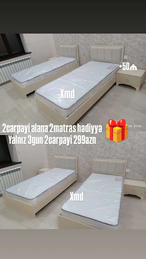 2 ədəd tək çarpayı dəsti - Rəng: açıq bej - Üst paneldə yumşaq başlıq — Bakı