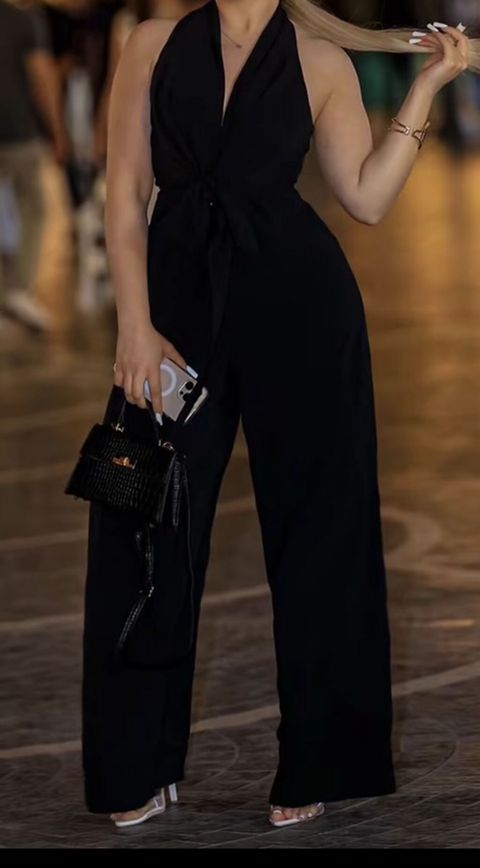 Qara rəngli qadın kombinezonu - Model: halter yaxalı, sinədə — Digah