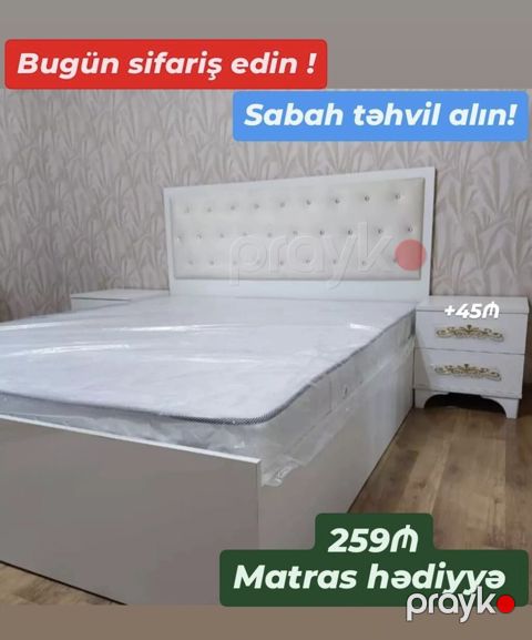 Ağ rəngli iki nəfərlik çarpayı dəsti - Zərif, düyməli başlıq dizaynı — Bakı