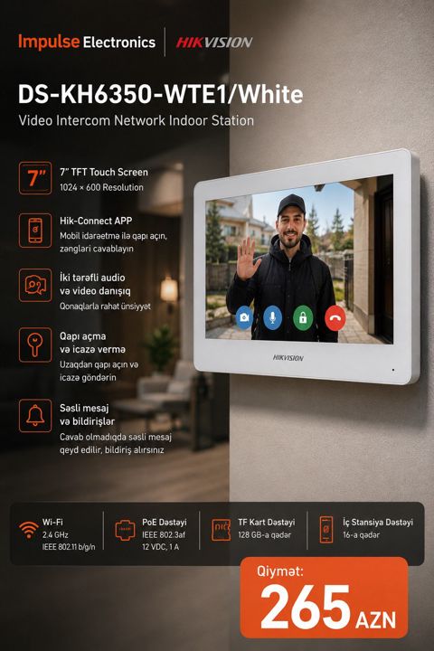 Hikvision 7" WiFi Video Domofon Monitor DS-KH6350-WTE1 — Bakı
