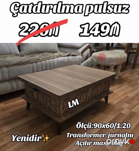 Düz masa, Transformer, Təkərsiz, Teksturalı laminat, Zəmanətsiz, Pulsuz quraşdırılma