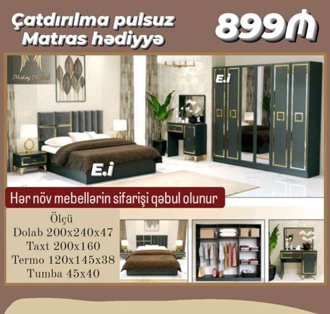 Yataq otağı dəsti – modern dizayn, qızılı detallar və tutqun — Bakı