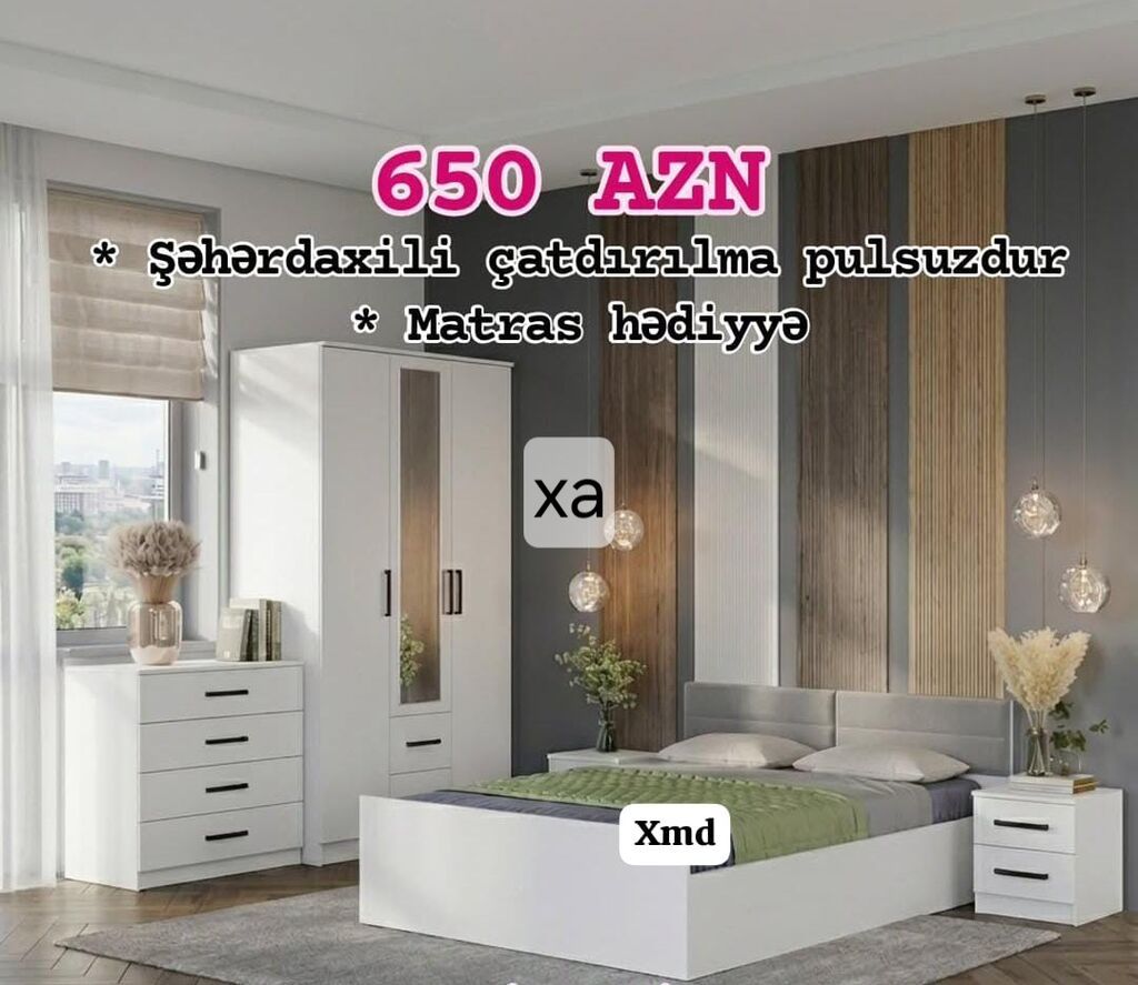 Yataq otağı mebel dəsti Tərkib: - İki nəfərlik çarpayı (başlıqla) - 3 — Yataq otağı mobilya dəstləri, Xırdalan