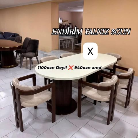 Yemək otağı dəsti: oval formalı masa + 6 ədəd kreslo tipli stul