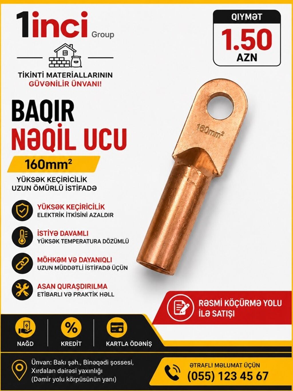 Baqır nəqil ucu – 160 mm² - Yüksək keçiricilik: elektrik itkisini — Kabel və naqillər, Bakı