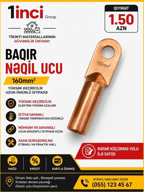 Baqır nəqil ucu – 160 mm² - Yüksək keçiricilik: elektrik itkisini — Bakı