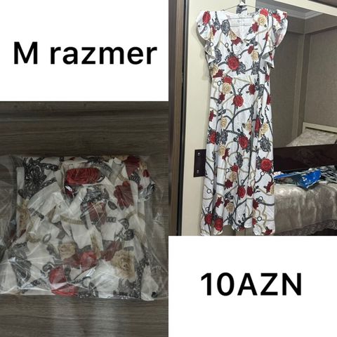 Qadın paltarı – M razmer - Rəng/naxış: Ağ fon üzərində qırmızı və bej — Masazır