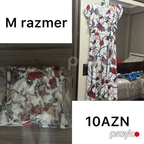 Qadın paltarı – M razmer - Rəng/naxış: Ağ fon üzərində qırmızı və bej — Masazır