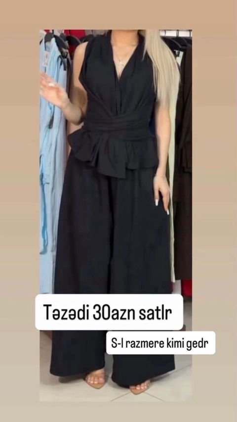 Qara rəngli dəst – üst və geniş paça şalvar - Üst hissə: qolsuz — Fatmayı