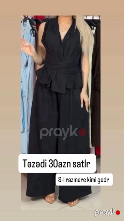 Qara rəngli dəst – üst və geniş paça şalvar - Üst hissə: qolsuz — Fatmayı