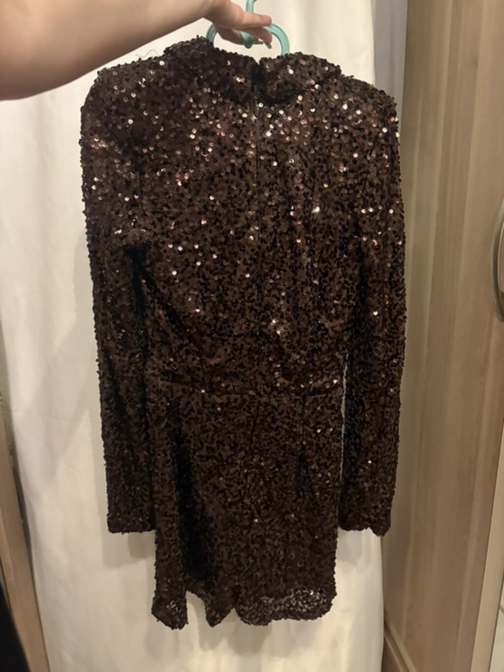 Qəhvəyi payetli mini paltar - Model: Blazer kəsimli, V-yaxa, 34 beden — Axşam paltarları, Bakı (2)