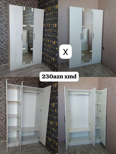 3 qapılı paltar şkafı – güzgülü model - Ön hissədə tamhündür güzgü — Ucuz serfeli Mebel — Şkaflar