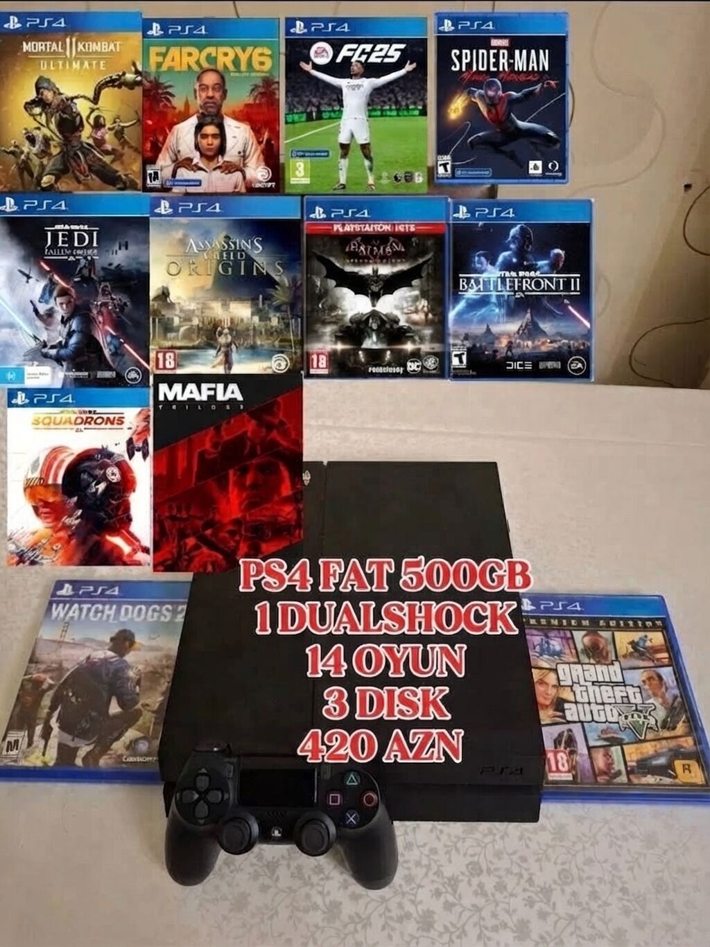PS4 Fat 500GB oyun paketi Komplekt: - PlayStation 4 Fat, 500GB yaddaş — Oyun konsolları, Digah