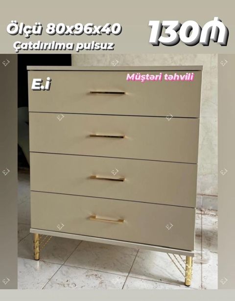 Mebel komodu – 4 çekmecəli model. - Ölçü: 80×96×40 sm - Rəng: bej ton