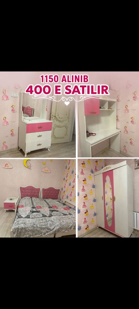 Qız üçün, İşlənmiş, 2 təknəfərlik çarpayı, Yazı masası, Dolab, Tumba