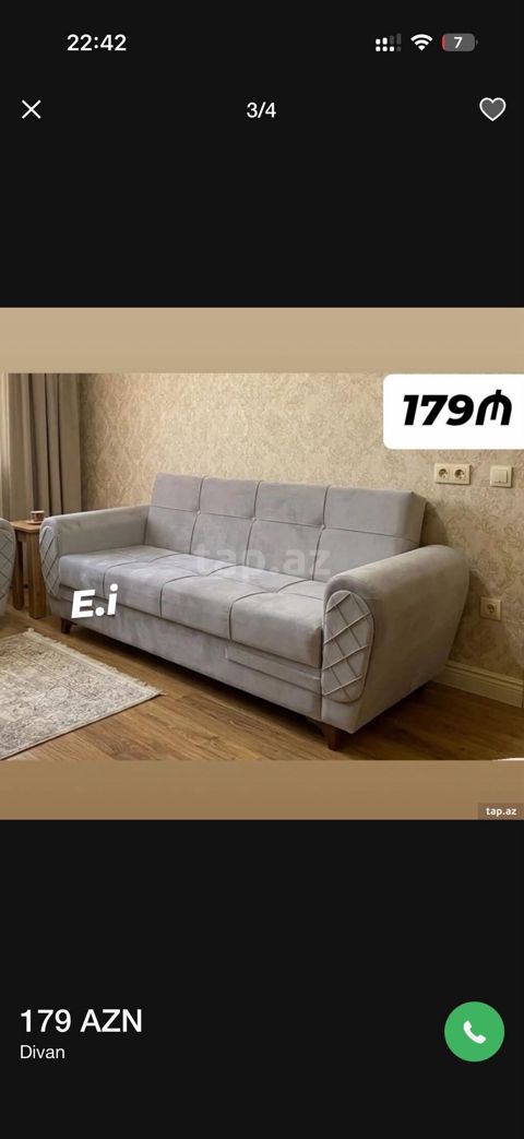 Divan – 179 AZN - Rəng: Açıq boz - Üçoturacaqlı, geniş oturacaq — Bakı