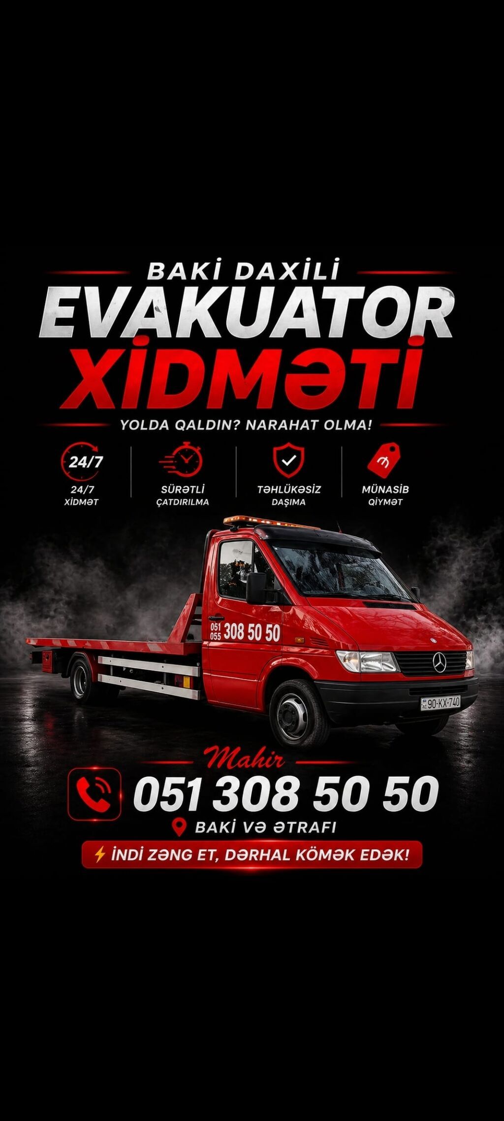 Evakuator, Hərəkətli platforma ilə, 5000 t, Rayonlara, Şəhər daxili — Evaktor xidmətləri, Bakı