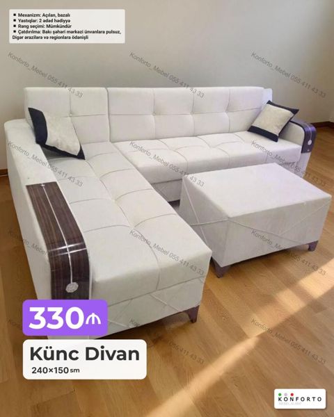 Künc divan dəsti – 240×150 sm - Mexanizm: açılan, bazalı (alt hissə — Bakı