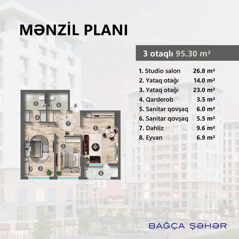 Satılır 3 otaqlı yeni tikili 95.3 m² — Mənzil, Sumqayıt (4)