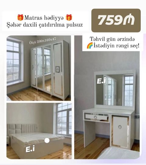 Yataq otağı dəsti – müasir dizayn, ağ rəngdə Tərkibi: - Dolab: 4 — Bakı